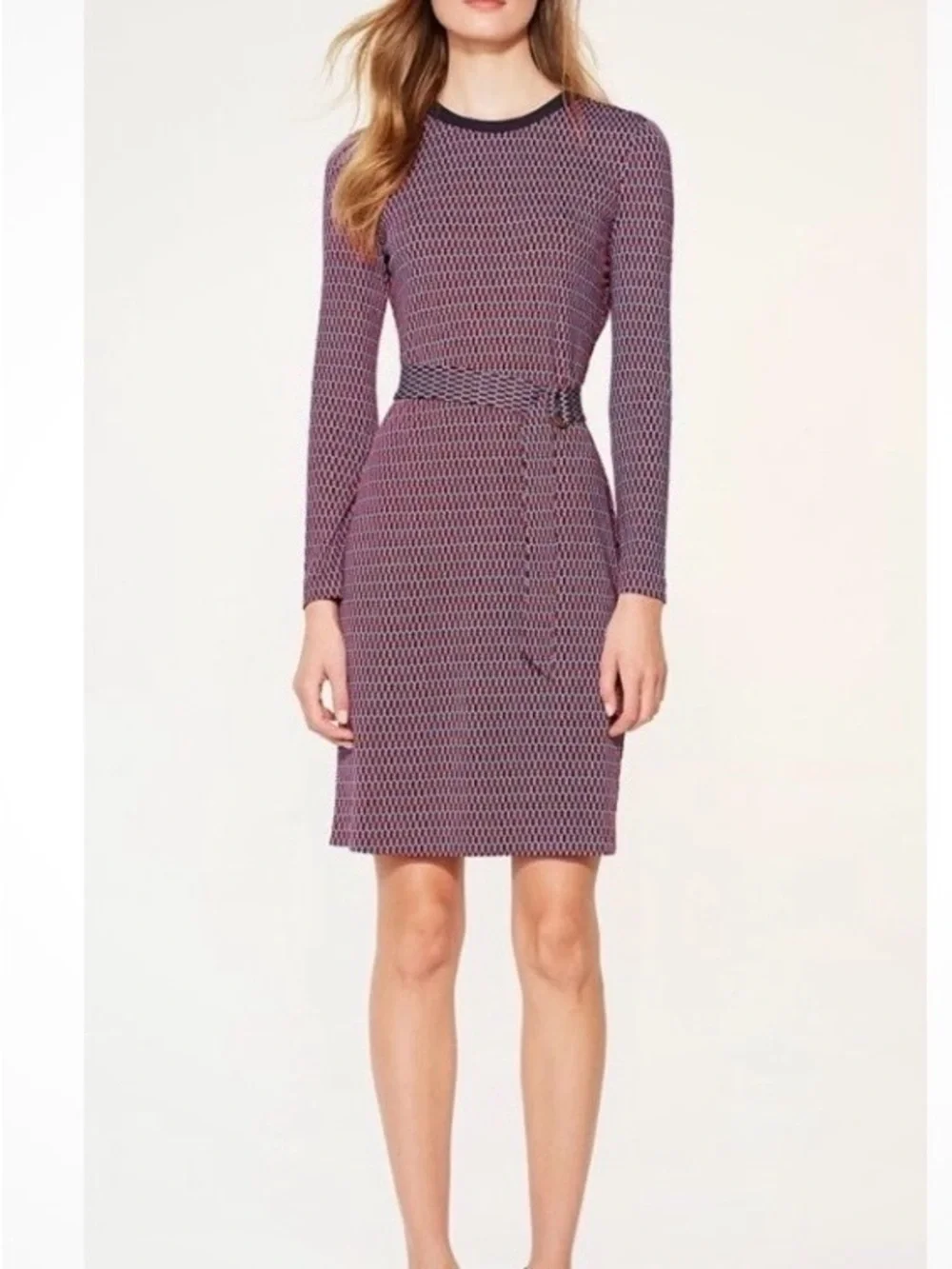 Tory Burch Sz S Long-Sleeve Red Navy Patterned Belted Sheath Dress NO Belt